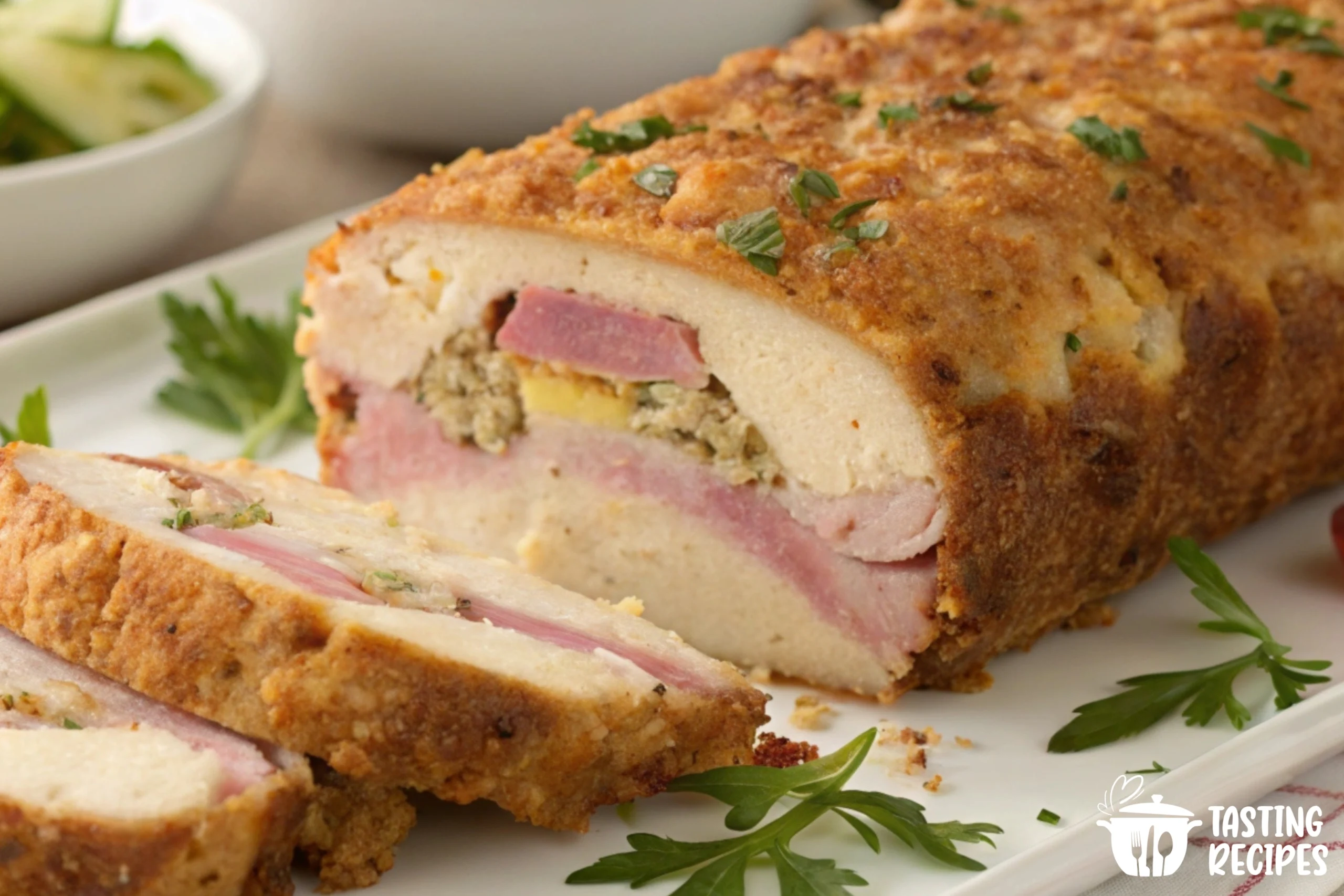 Chicken cordon bleu meatloaf sliced with melted cheese and ham.