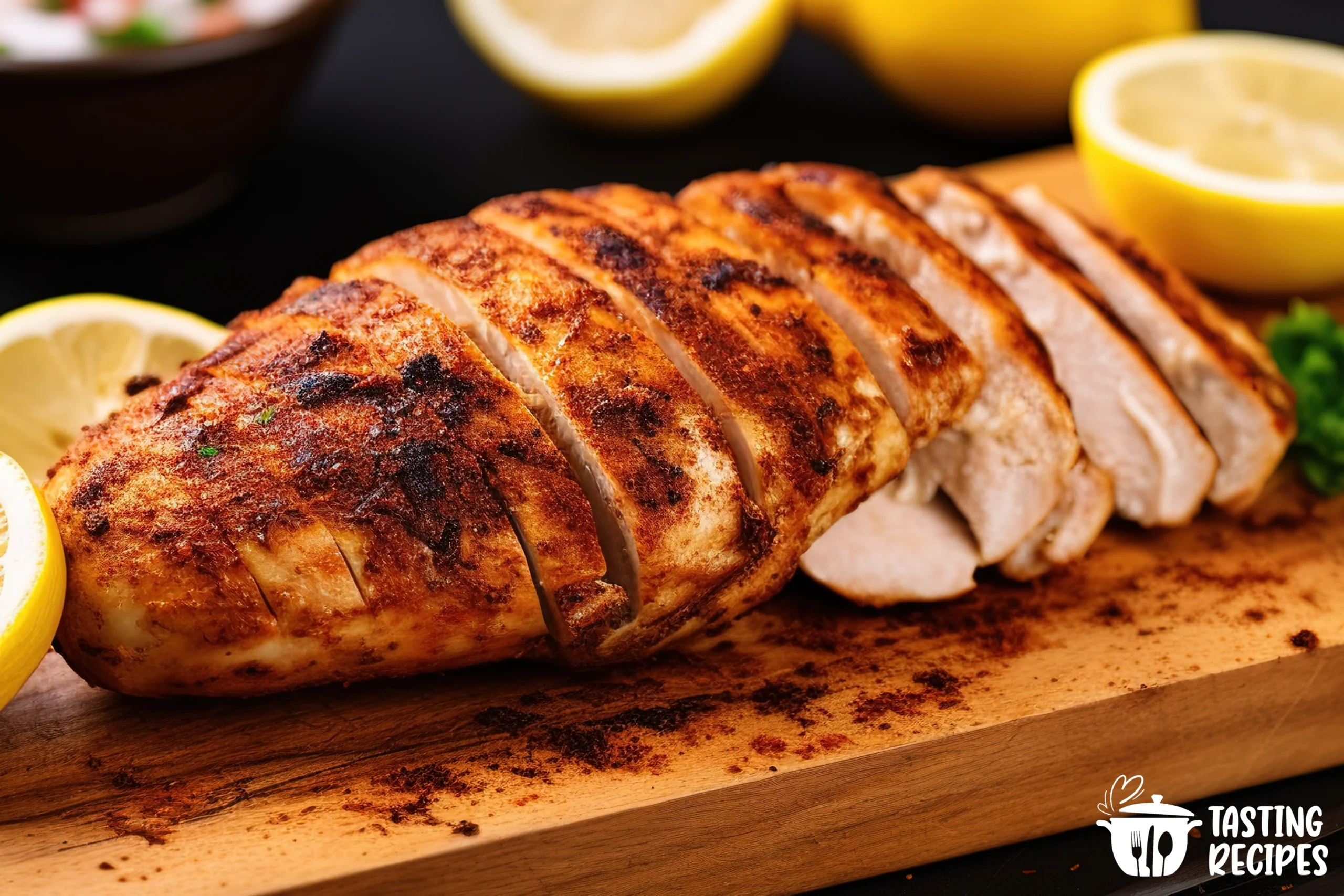 Smoked chicken breast on a grill with a crispy brown crust