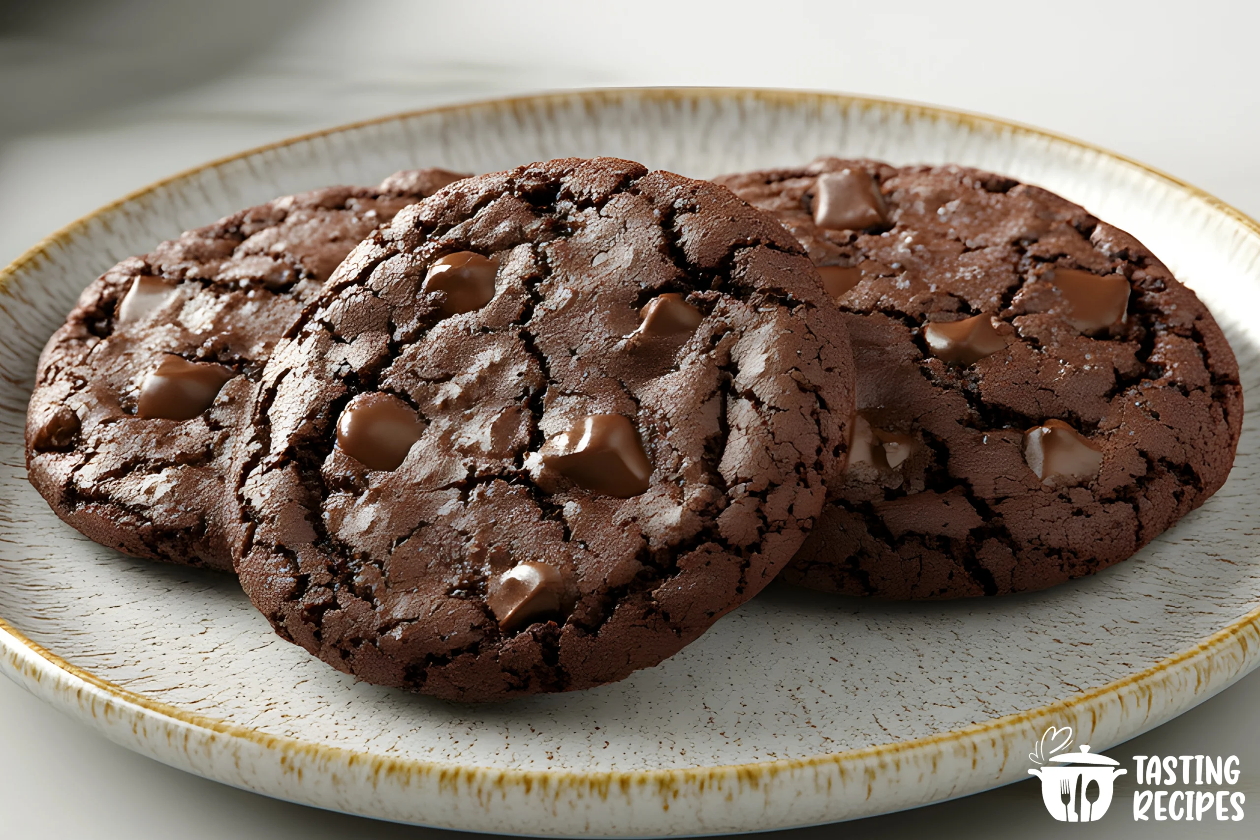 Double chunk chocolate cookie with melted chocolate chunks on a cooling rack