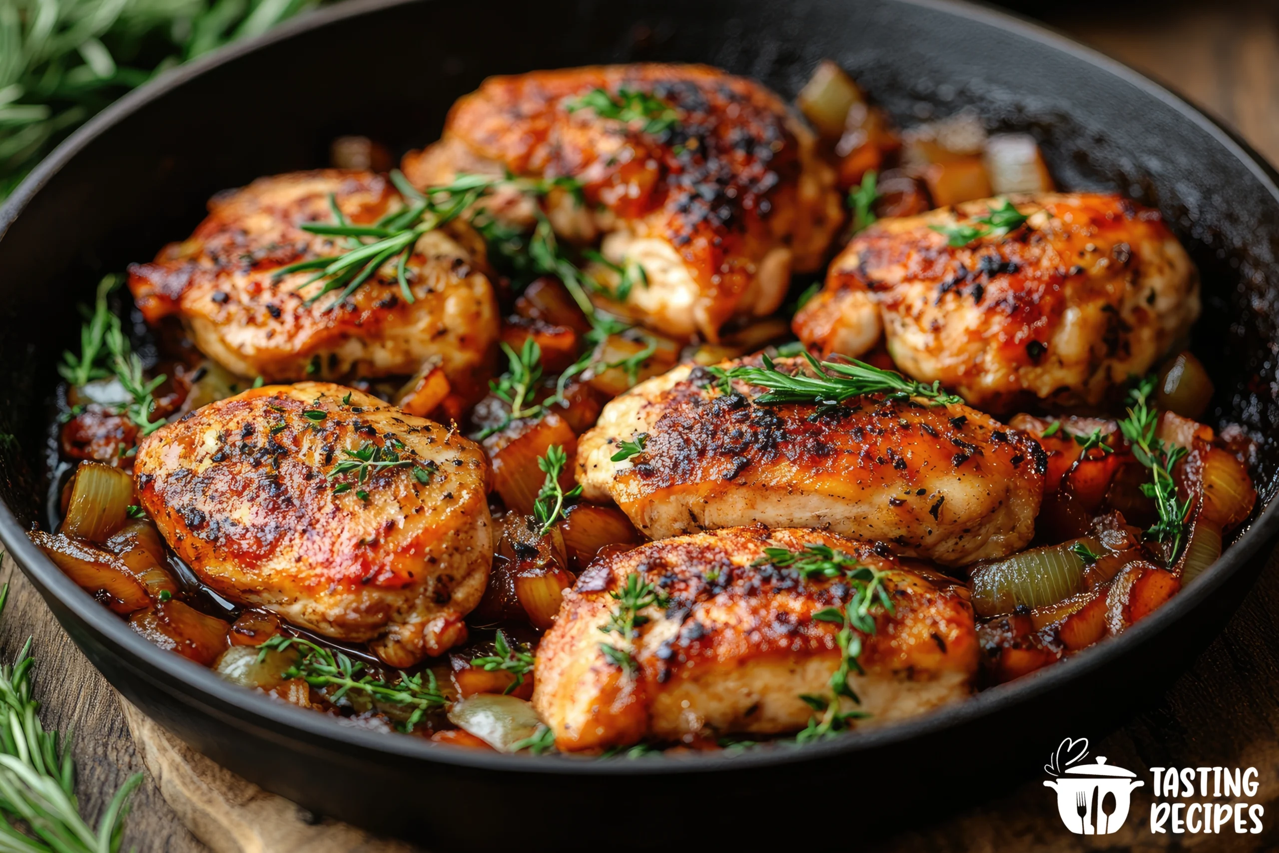 Pan seared chicken thighs with crispy golden skin in a cast-iron skillet