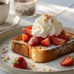 Golden Spanish toast with cinnamon and fresh berries on a rustic table.