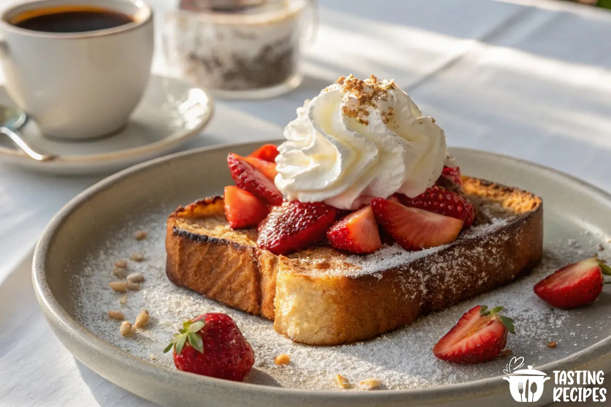 Golden Spanish toast with cinnamon and fresh berries on a rustic table.