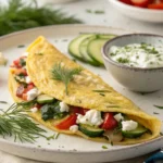 Greek omelette served with feta cheese, spinach, and olives on a white plate.