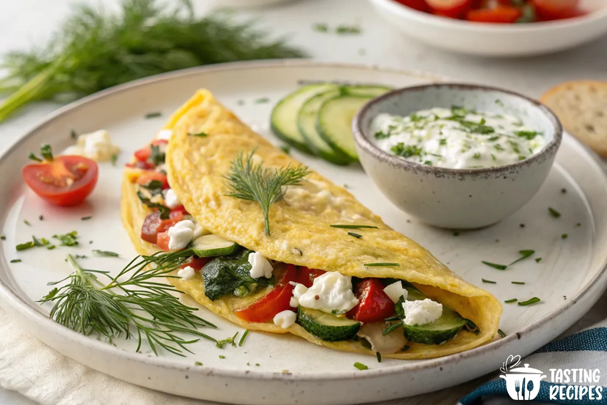 Greek omelette served with feta cheese, spinach, and olives on a white plate.