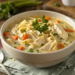 A bowl of creamy crack chicken noodle soup with fresh parsley garnish.