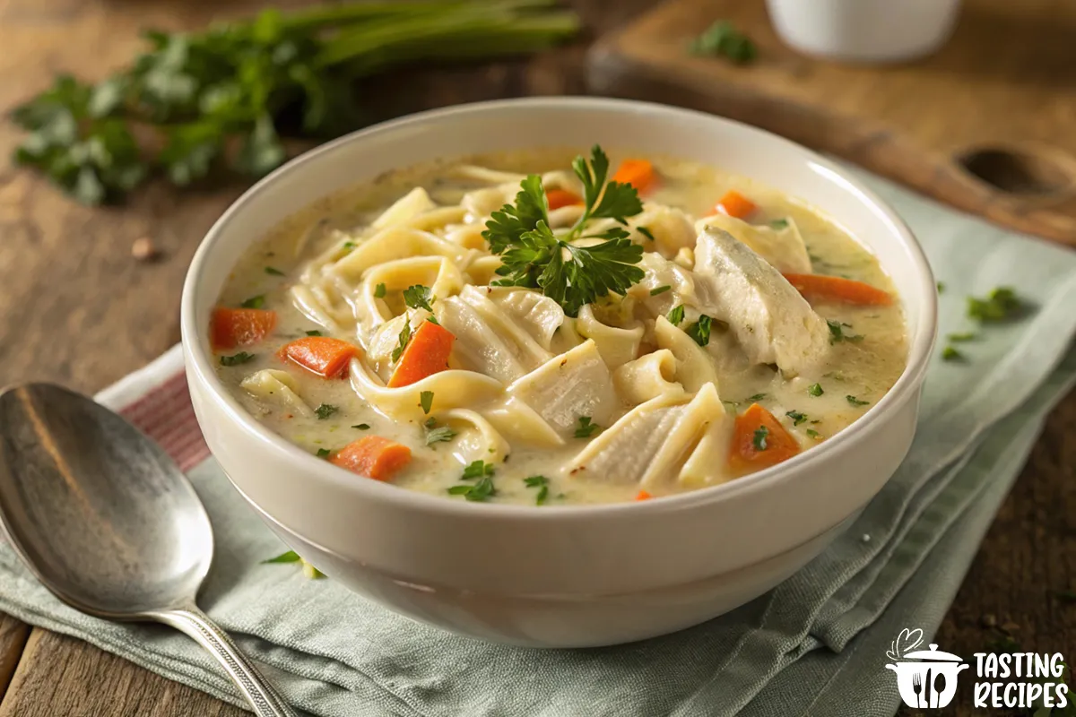 A bowl of creamy crack chicken noodle soup with fresh parsley garnish.