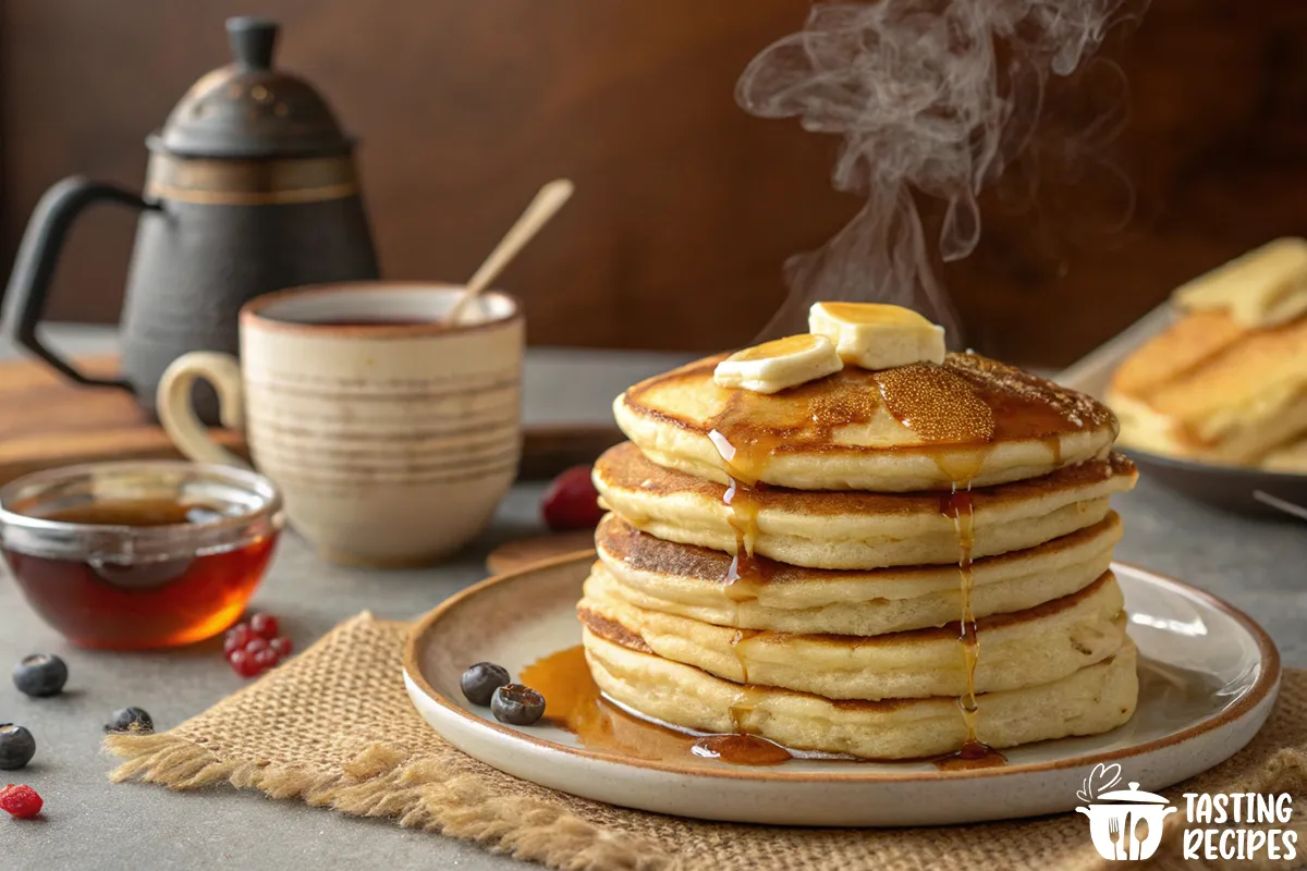 What makes pancakes fluffy baking powder or baking soda. An image showing fluffy pancakes with ingredients like baking powder and baking soda.