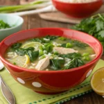 A bowl of Wishbonekitchen Swamp Soup with spinach, chicken, and rice garnished with parsley.