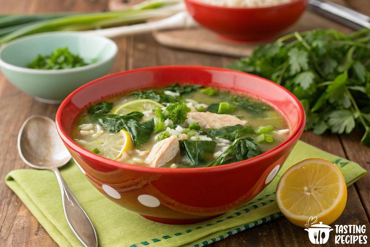 A bowl of Wishbonekitchen Swamp Soup with spinach, chicken, and rice garnished with parsley.