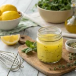 Fresh lemon citrus vinaigrette dressing in a glass jar surrounded by lemons and herbs.