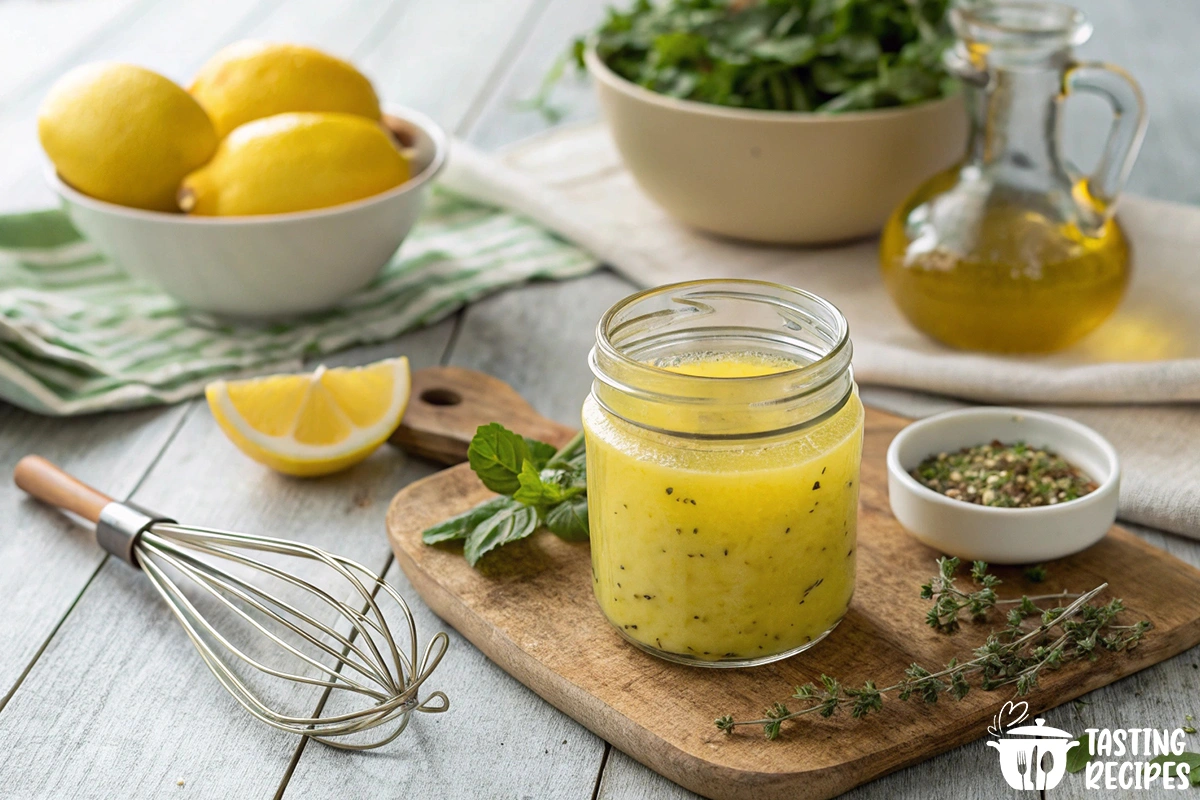 Fresh lemon citrus vinaigrette dressing in a glass jar surrounded by lemons and herbs.