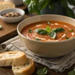 Panera tomato soup recipe served in a bowl with fresh basil and crusty bread.