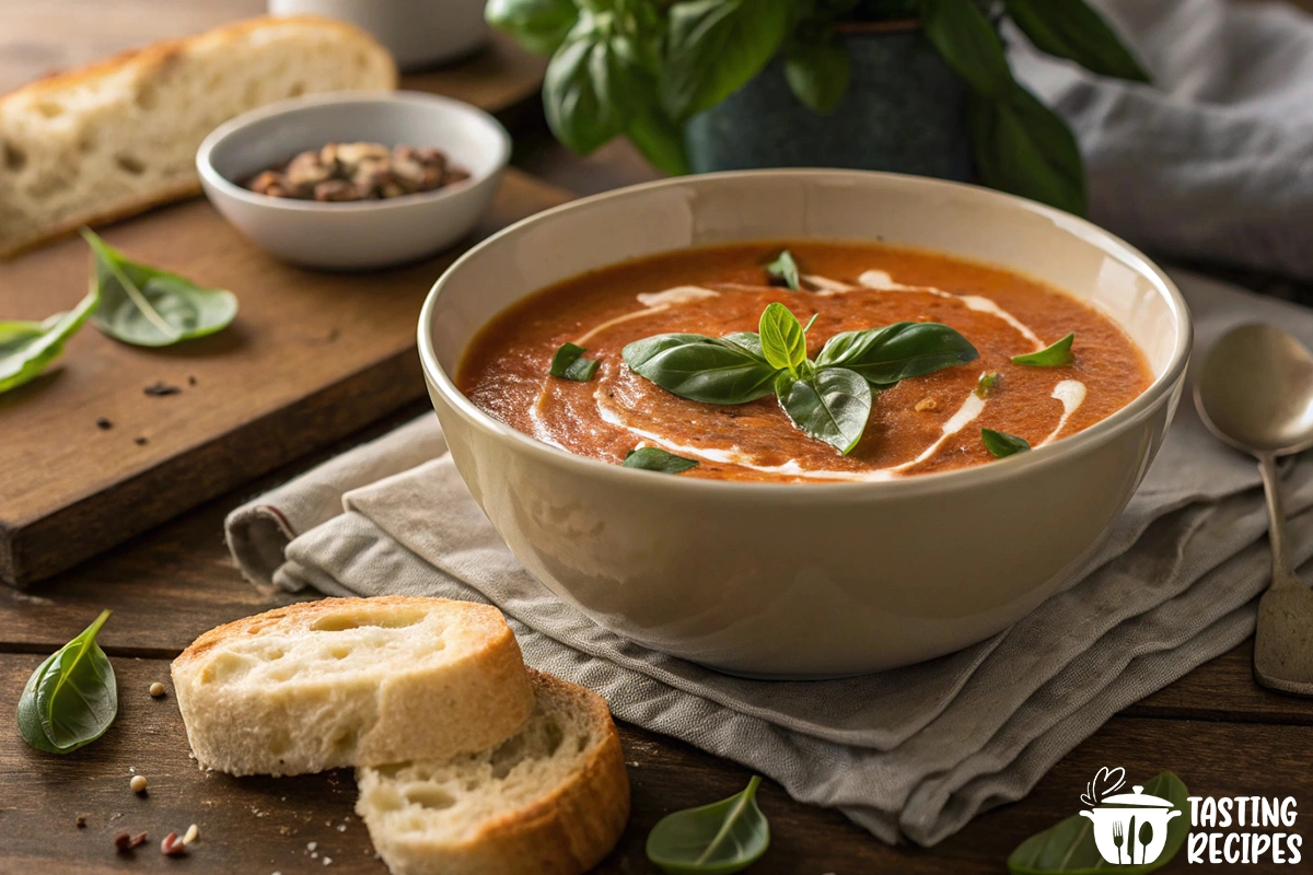 Panera tomato soup recipe served in a bowl with fresh basil and crusty bread.